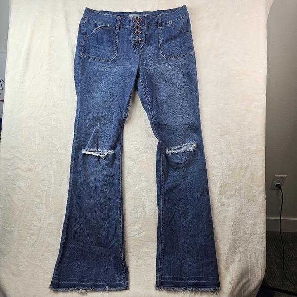 new york & company Flared Denim Jeans Distress 8 Retro Wide Leg Fray 70s Hippie - Picture 1 of 11
